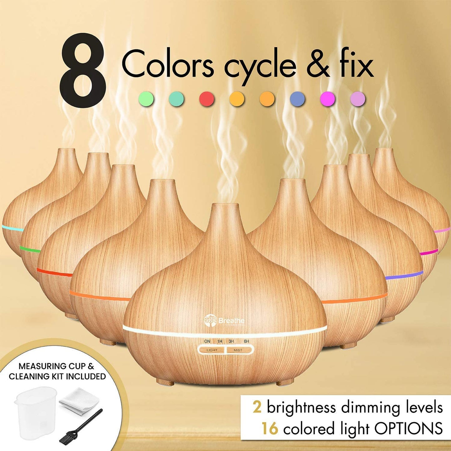 Essential Oil Diffuser - 550ml Capacity with Cleaning Kit & Measuring Cup, 18-Hour Runtime, 16 LED Light Settings, and Auto Power Off (Natural Oak)