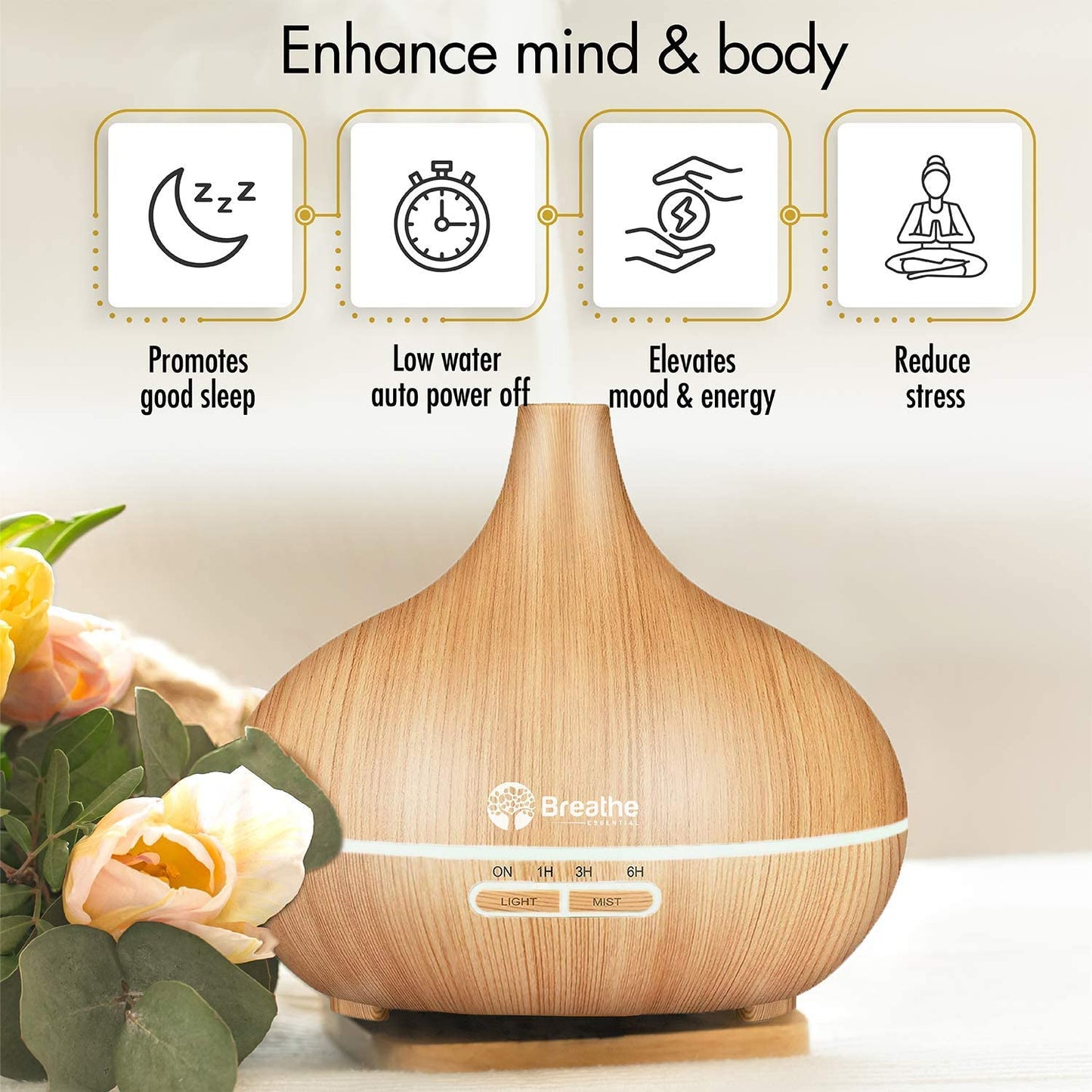 Essential Oil Diffuser - 550ml Capacity with Cleaning Kit & Measuring Cup, 18-Hour Runtime, 16 LED Light Settings, and Auto Power Off (Natural Oak)